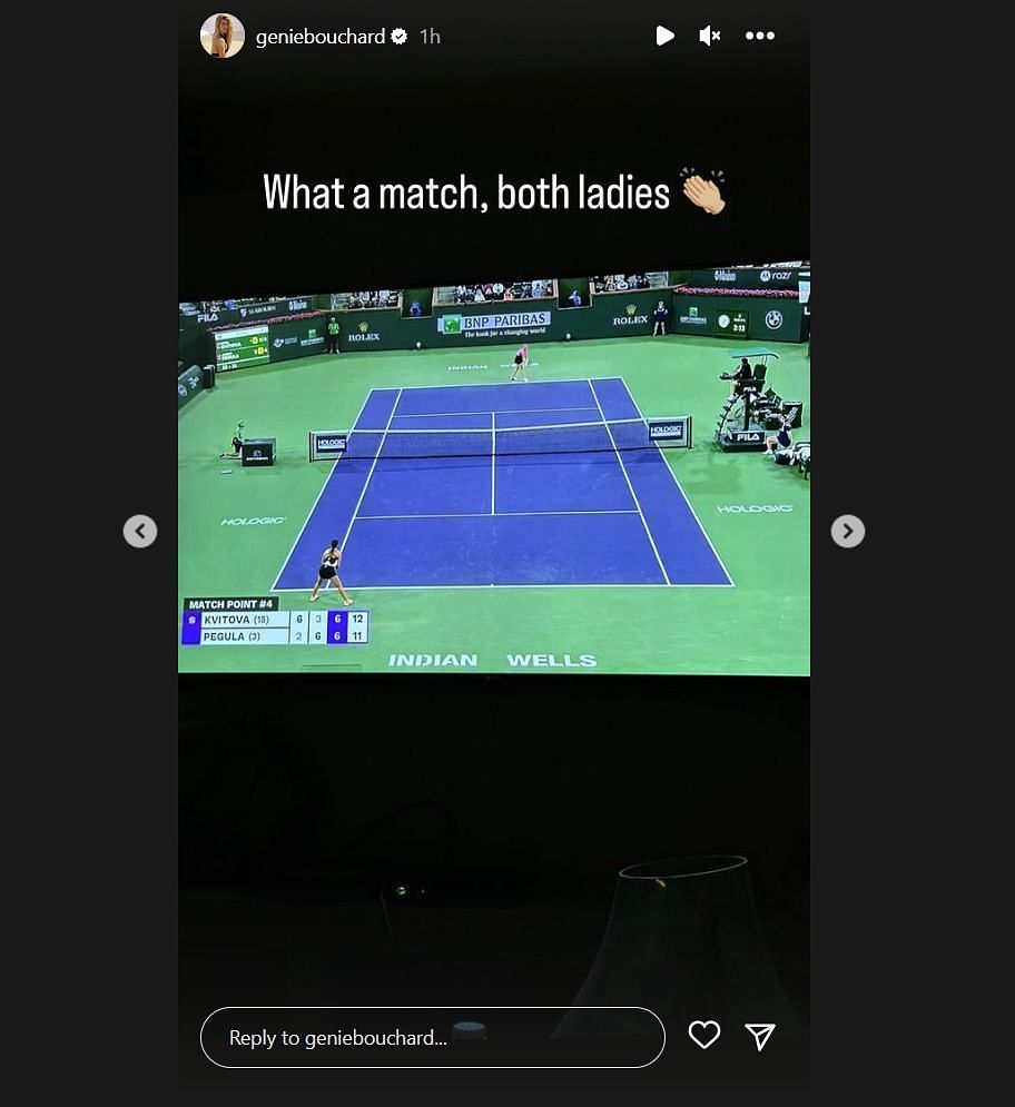 Eugenie Bouchard reacts to the Indian Wells match between Jessica Pegula and Petra Kvitova.