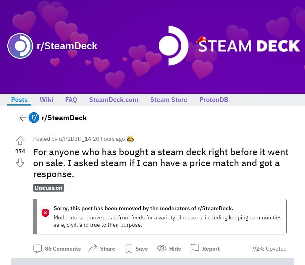 Valve is offering Steam Wallet credit to users who just bought the Steam Deck for full price (Image via @u/P1D3H_14/Reddit)