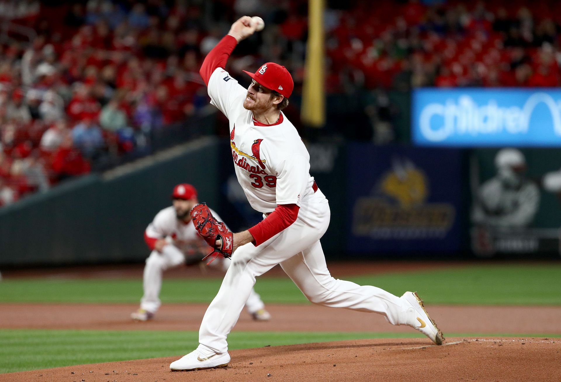 Mikolas #39 of the St. Louis Cardinals throws a pitch against the Washington Nationals during the first inning in game one of the National League Championship Series at Busch Stadium on October 11, 2019 in St Louis, Missouri.