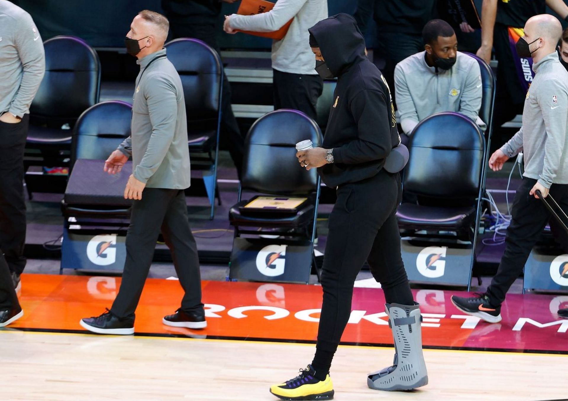 LeBron James, who is moving around with a walking boot, does not have a specific return date to play again. [photo: Silver Screen and Roll]