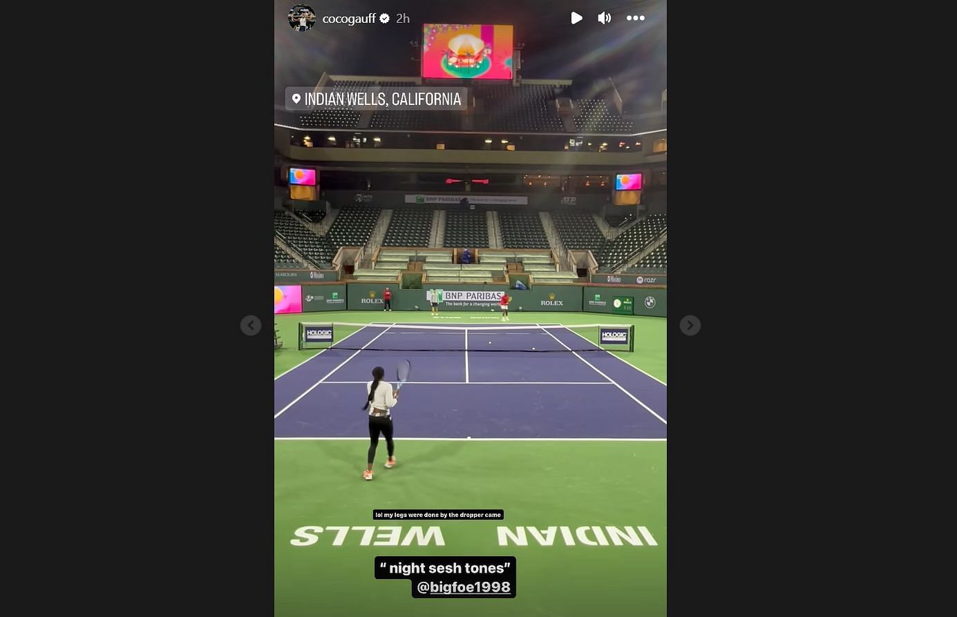 Gauff reacts to her and Tiafoe's practice session at Indian Wells (via Instagram).