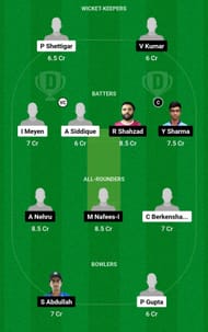 Dream11 Team for International Warriors vs DCC Starlets - ICCA Arabian T20 League.