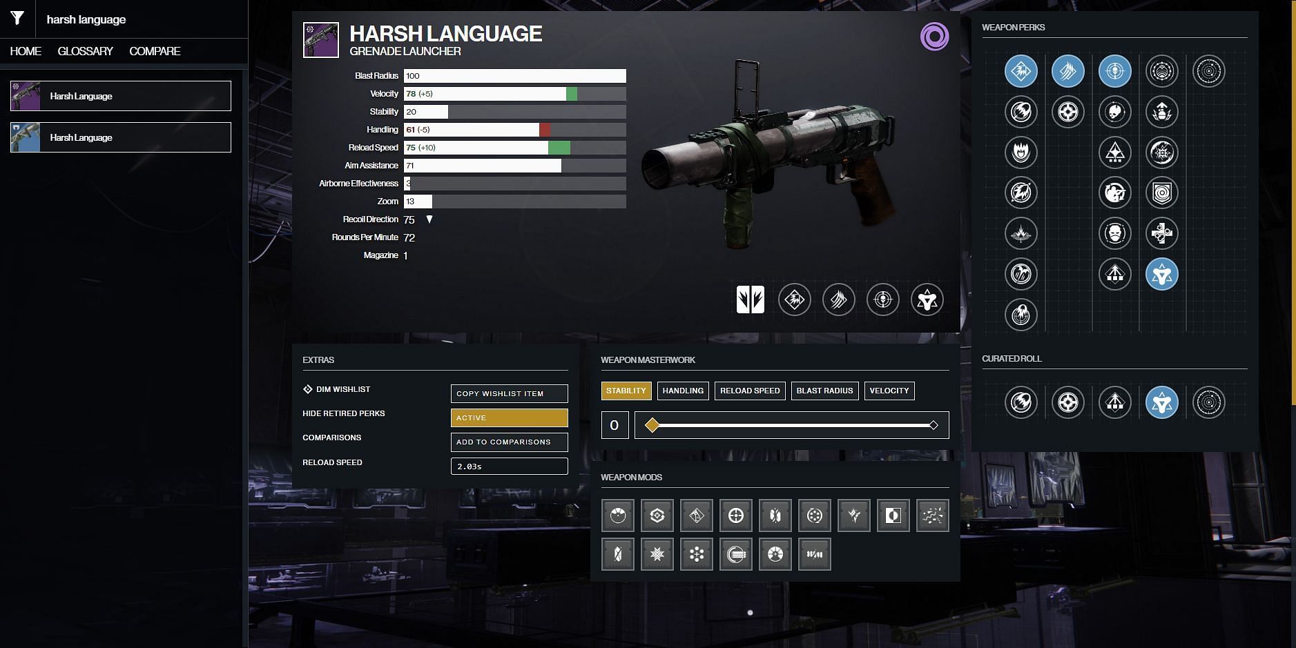 Harsh Language Destiny 2 PvP god roll (Image via D2 Gunsmith)