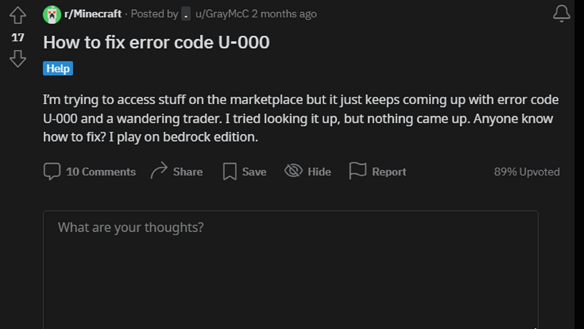 Players have been reporting this particular Minecraft error code since at least February 2023 (Image via u/GrayMcC/Reddit)