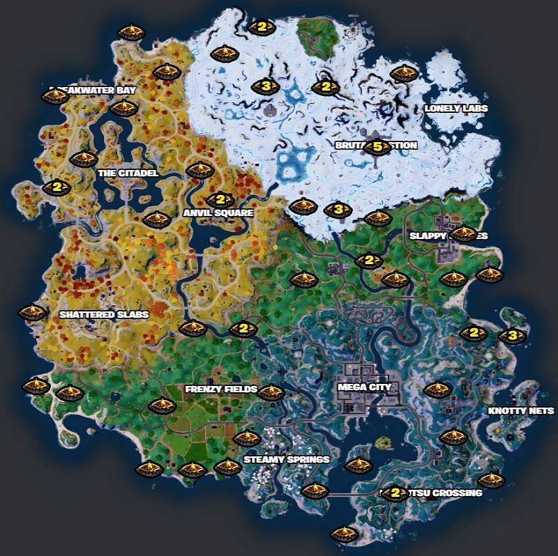 All Campfires in the Grassland/Medieval Biome (Image via Fortnite.GG)