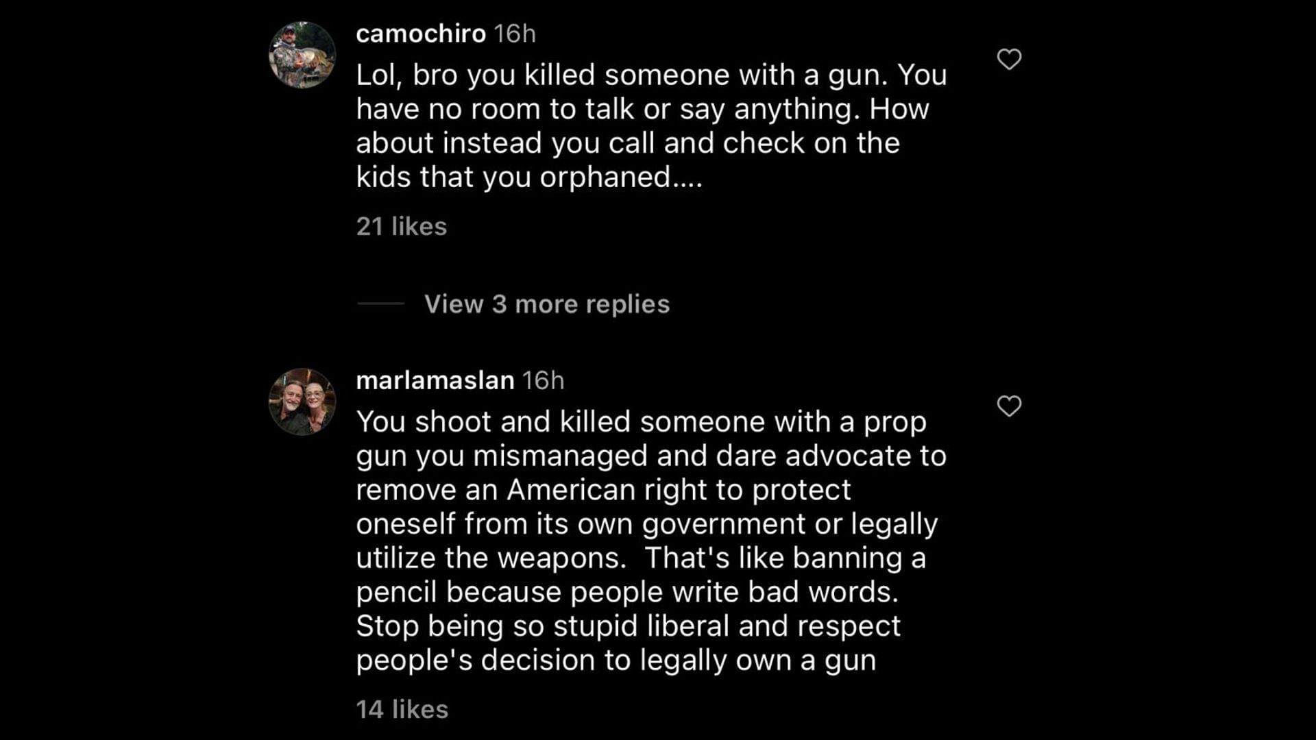 Screenshot of an internet user comment on Baldwin&#039;s Instagram post on gun control laws in America. (Image via Instgram)