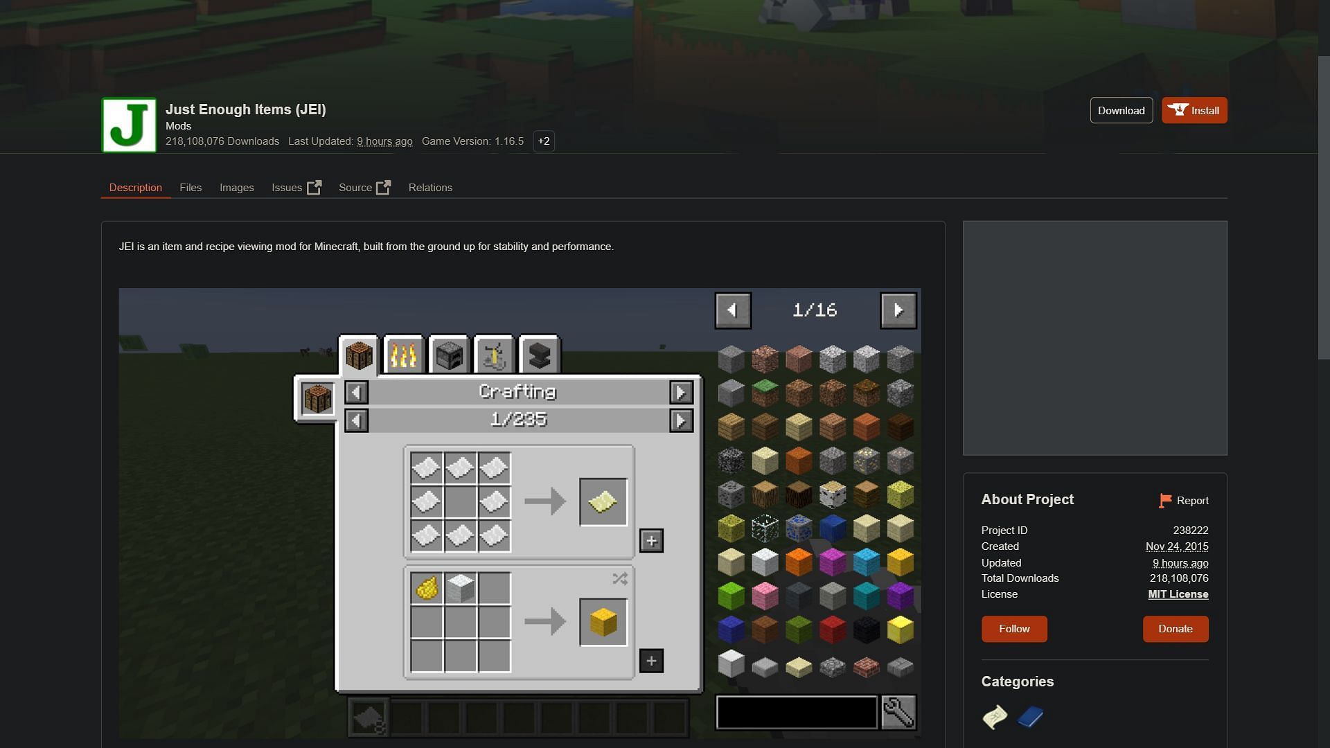 Just Enough Items Minecraft mod&#039;s page on CurseForge (Image via Sportskeeda)