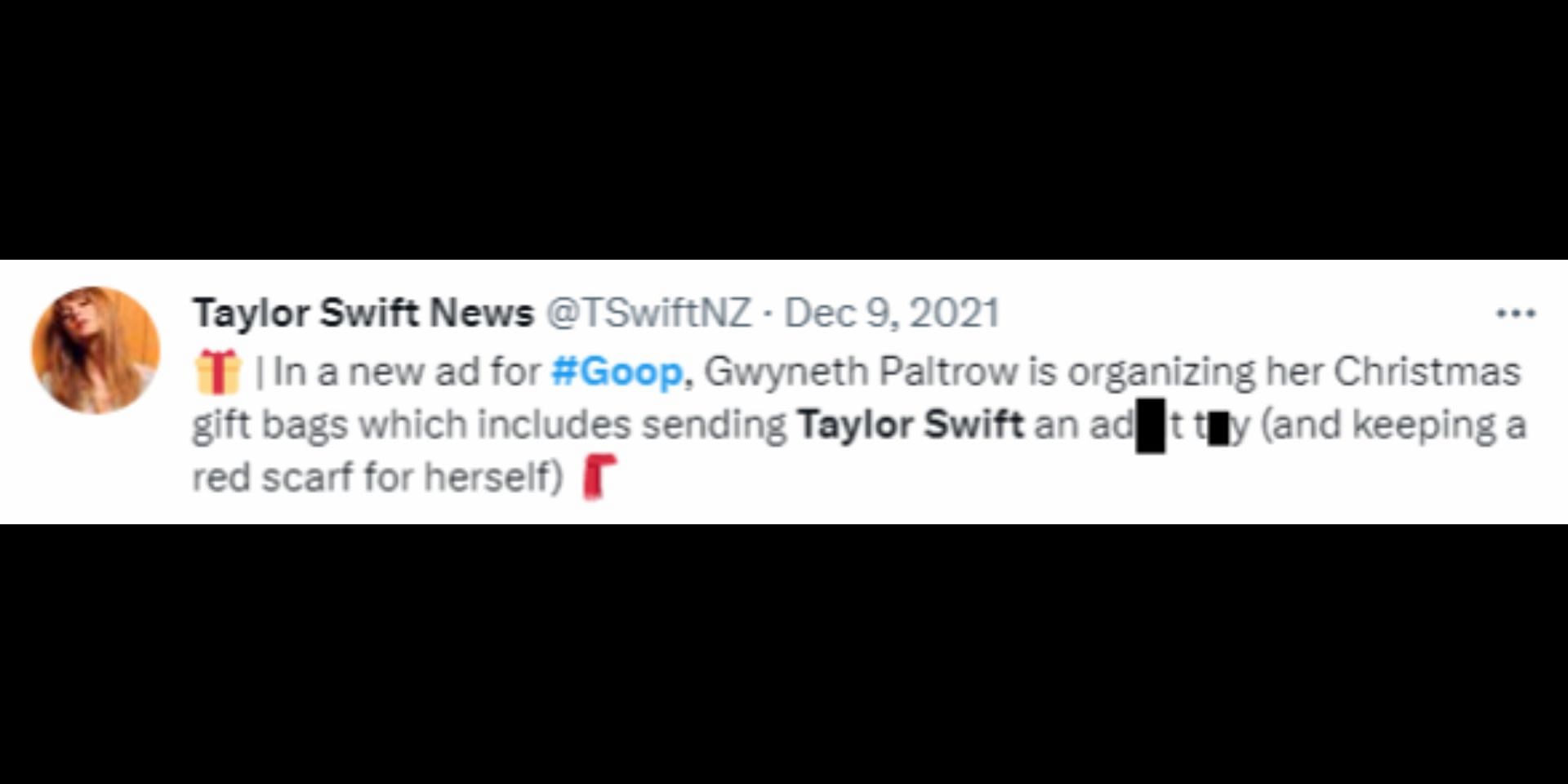 Gwyneth Paltrow&#039;s 2021 Goop Ad featuring her Christmas gift to Taylor Swift (Image via Twitter/@TSwiftNZ)