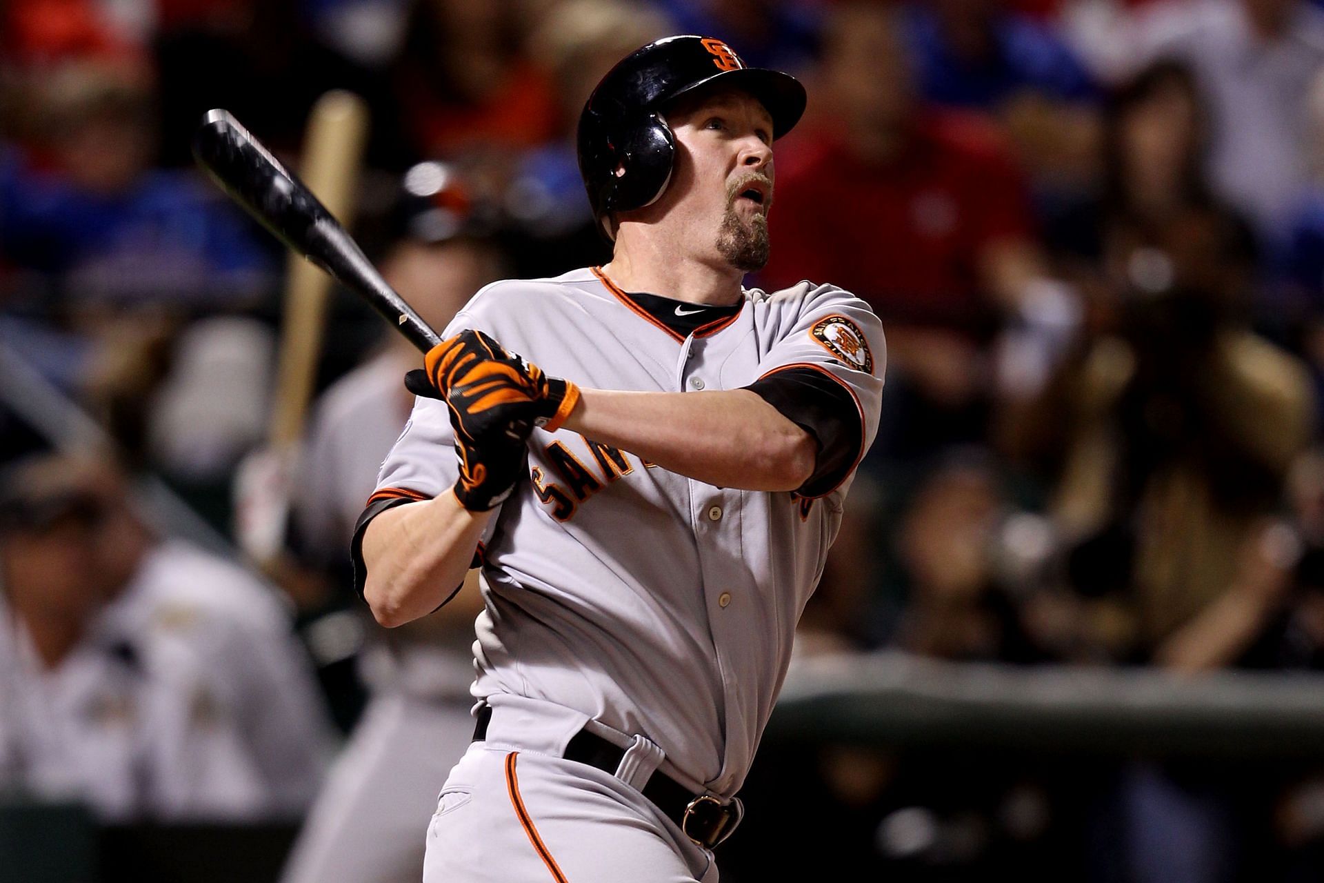 San Francisco Giants v Texas Rangers, Game 4: ARLINGTON, TX - OCTOBER 31: Huff (17) of the San Francisco Giants hits a 2-run home run in the top of the third inning against the Texas Rangers in Game Four of the 2010 MLB World Series at Rangers Ballpark in Arlington on October 31, 2010, in Arlington, Texas. (Photo by Christian Petersen/Getty Images)