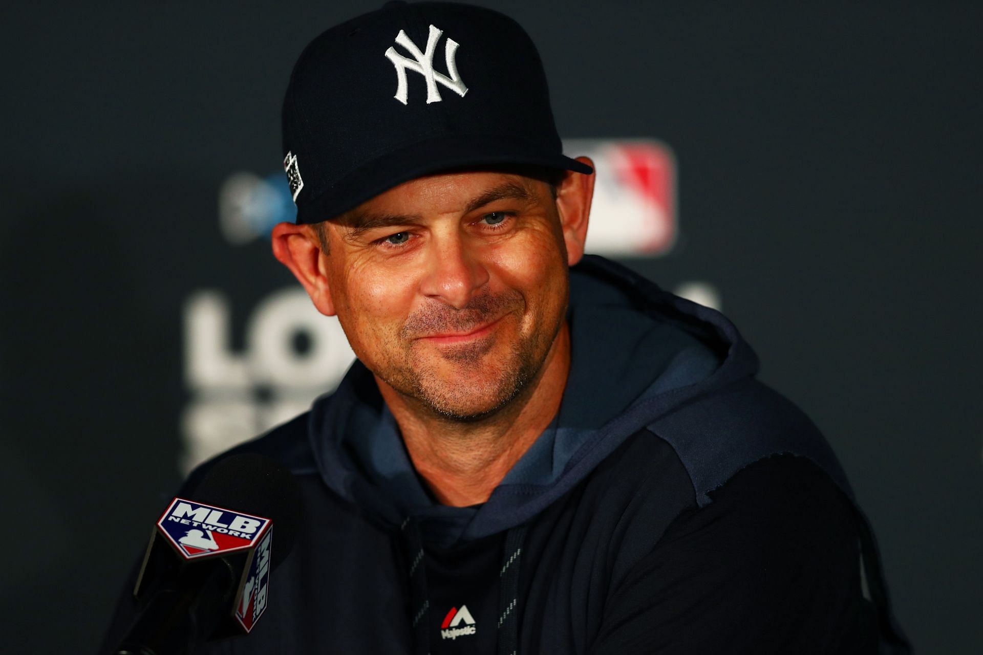 Previews - New York Yankees v Boston Red Sox: LONDON, ENGLAND - JUNE 28: New York Yankees manager Aaron Boone speaks with members of the media during a press conference ahead of the MLB London Series games between Boston Red Sox and New York Yankees at London Stadium on June 28, 2019, in London, England. (Photo by Dan Istitene/Getty Images)