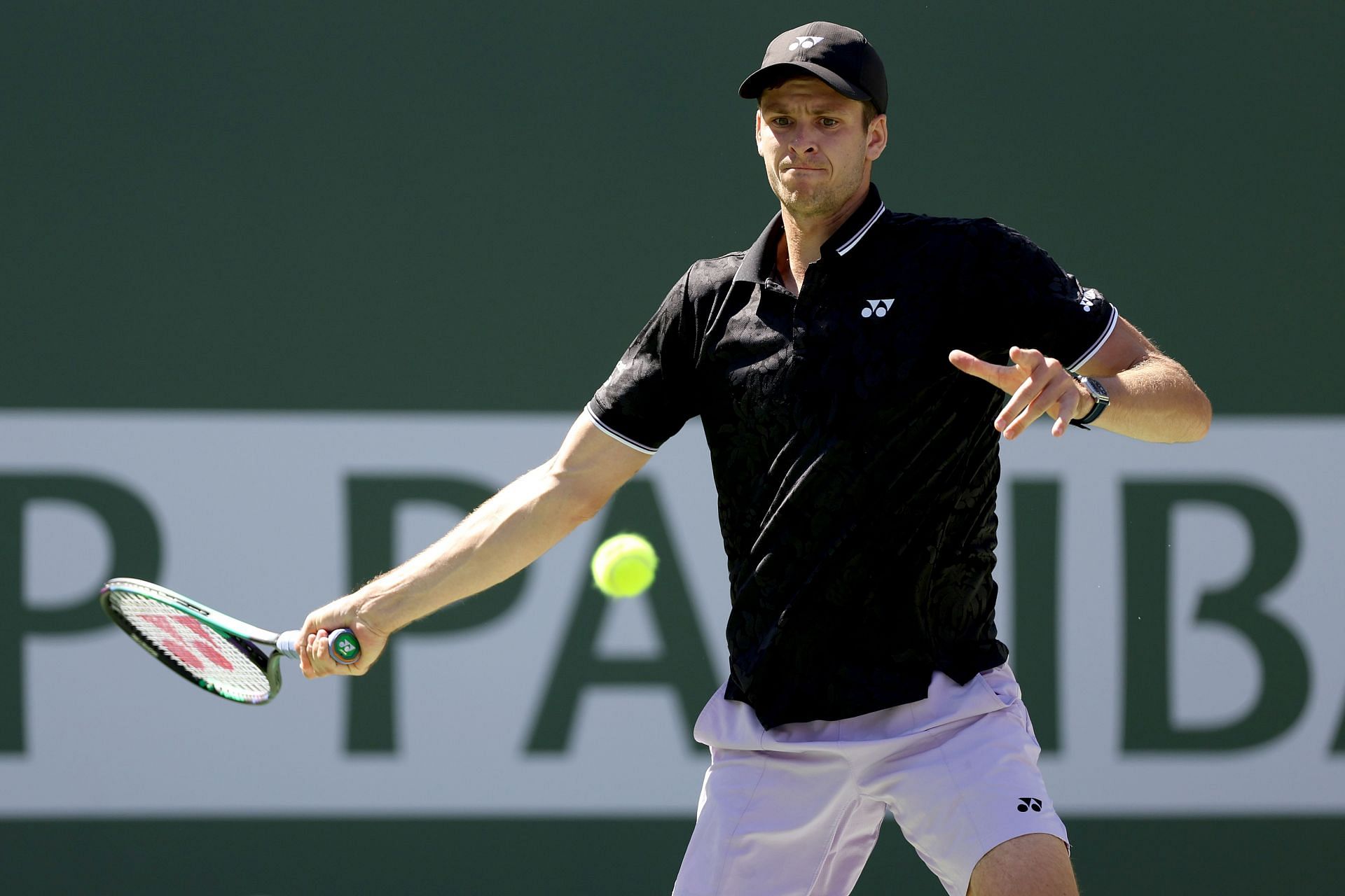 Hubert Hurkacz attempts to strike the ball at the BNP Paribas Open