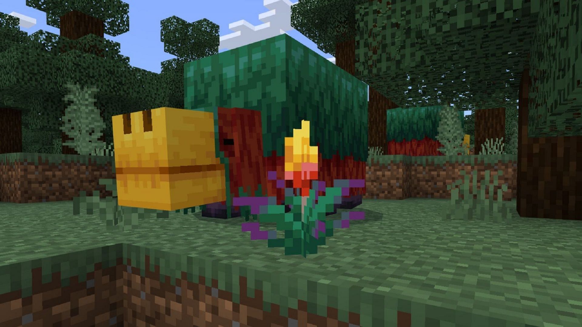 A sniffer strides past a torchflower in Minecraft (Image via Mojang)