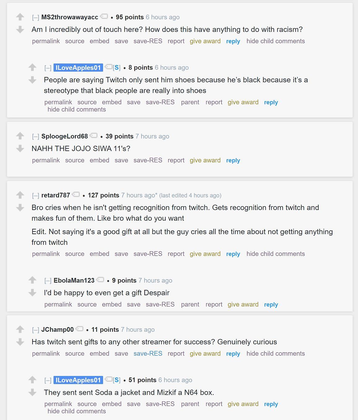 Redditors discussing the streamer getting a custom Nike sneaker from Twitch 2/2 (Image via r/LivestreamFail)