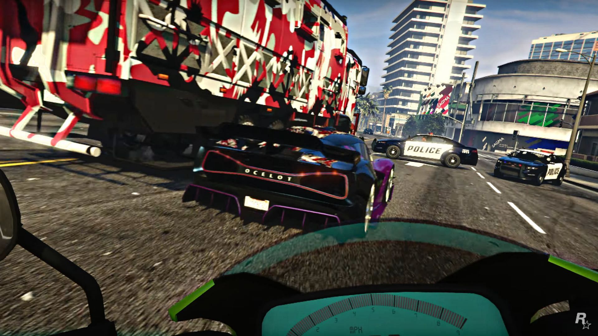 Ocelot Virtue chasing the MTL Brickade in the teaser (Image via YouTube @Rockstar Games)