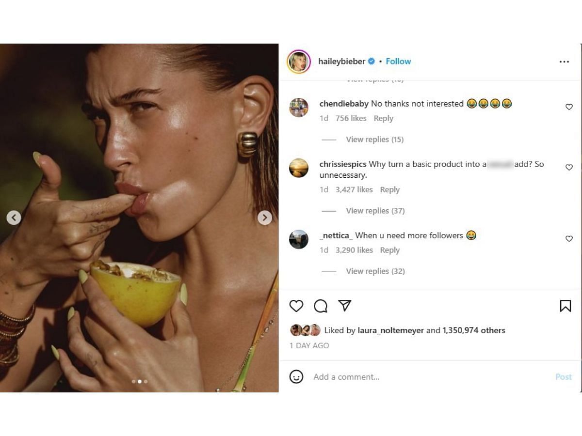 Fans find the RHODE Peptide Lip Treatment advertisement &#039;unnecessary&#039; (Image via Instagram/@haileybieber)