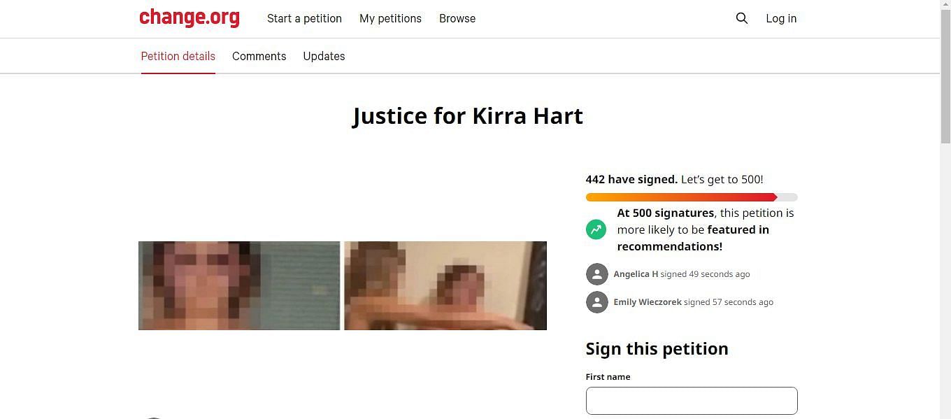 Petition seeking justice for Kirra Hart (Image via Change)