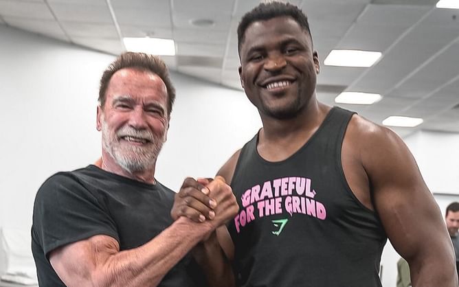 Francis Ngannou quotes Arnold Schwarzenegger's iconic one-liner as he catches up with the bodybuilding legend