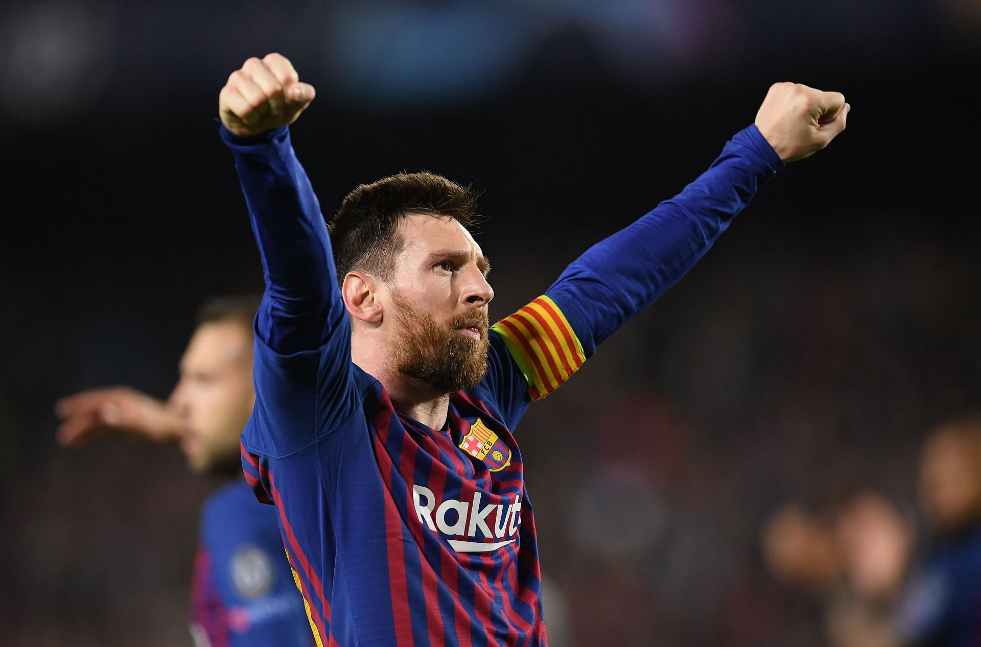 Lionel Messi celebrates after scoring against Liverpool in the UEFA Champions League Semi Final