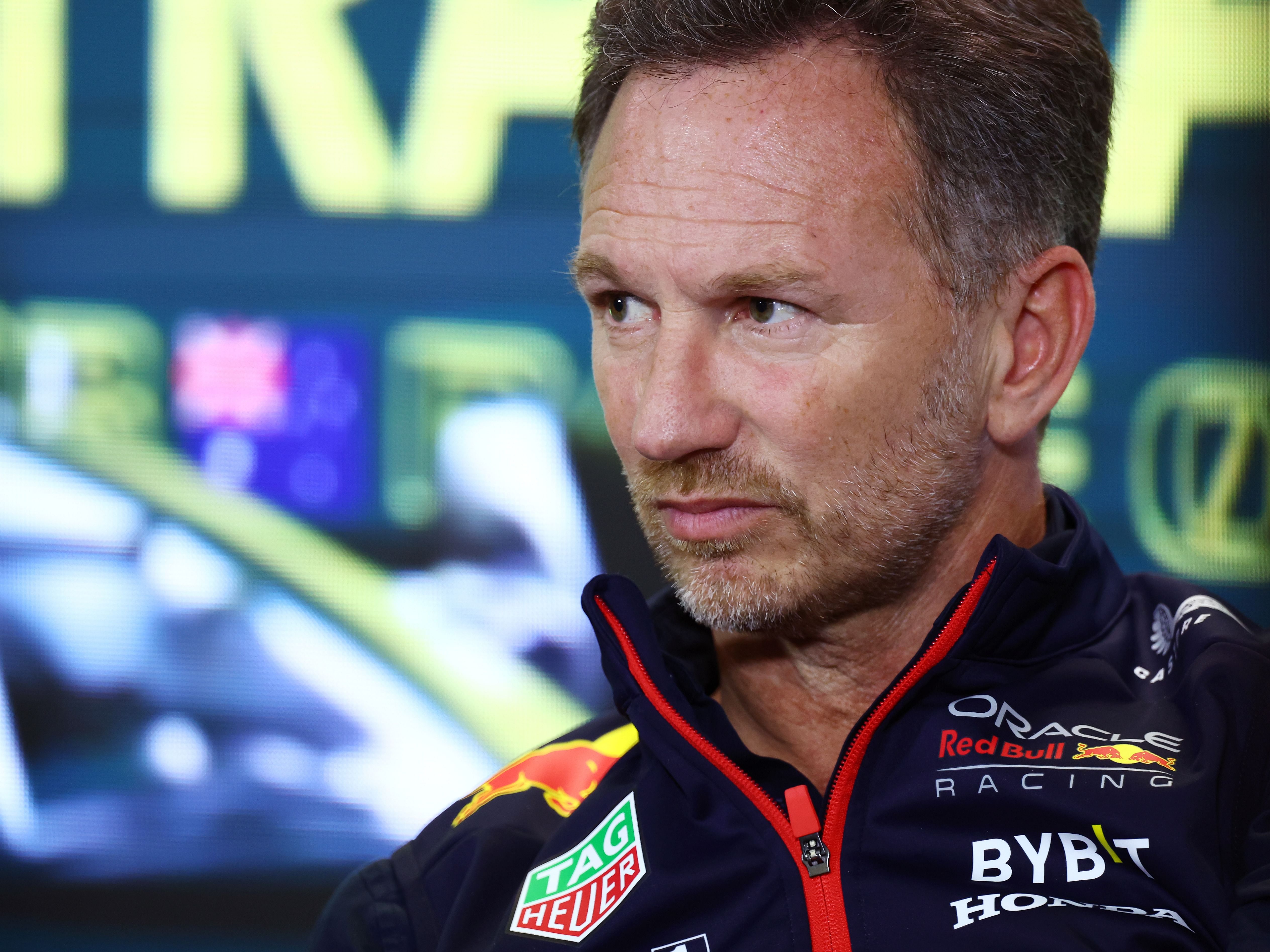 Red Bull Racing Team Principal Christian Horner looks on in the Team Principals Press Conference during practice ahead of the 2023 F1 Australian Grand Prix. (Photo by Dan Istitene/Getty Images)