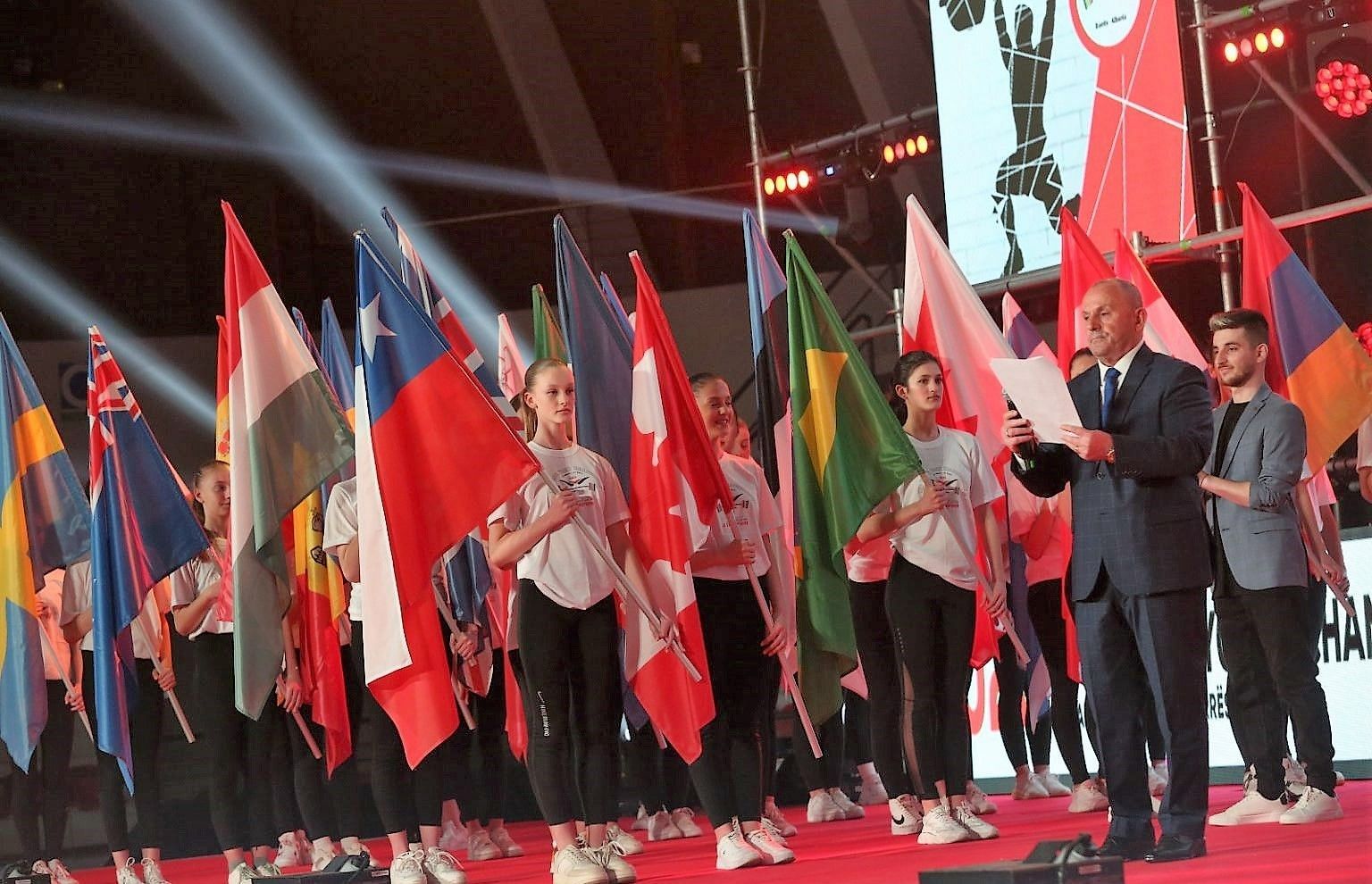 Competitors during the opening ceremony of the IWF World Youth Championships starting Saturday in Albania. Photo credit IWF