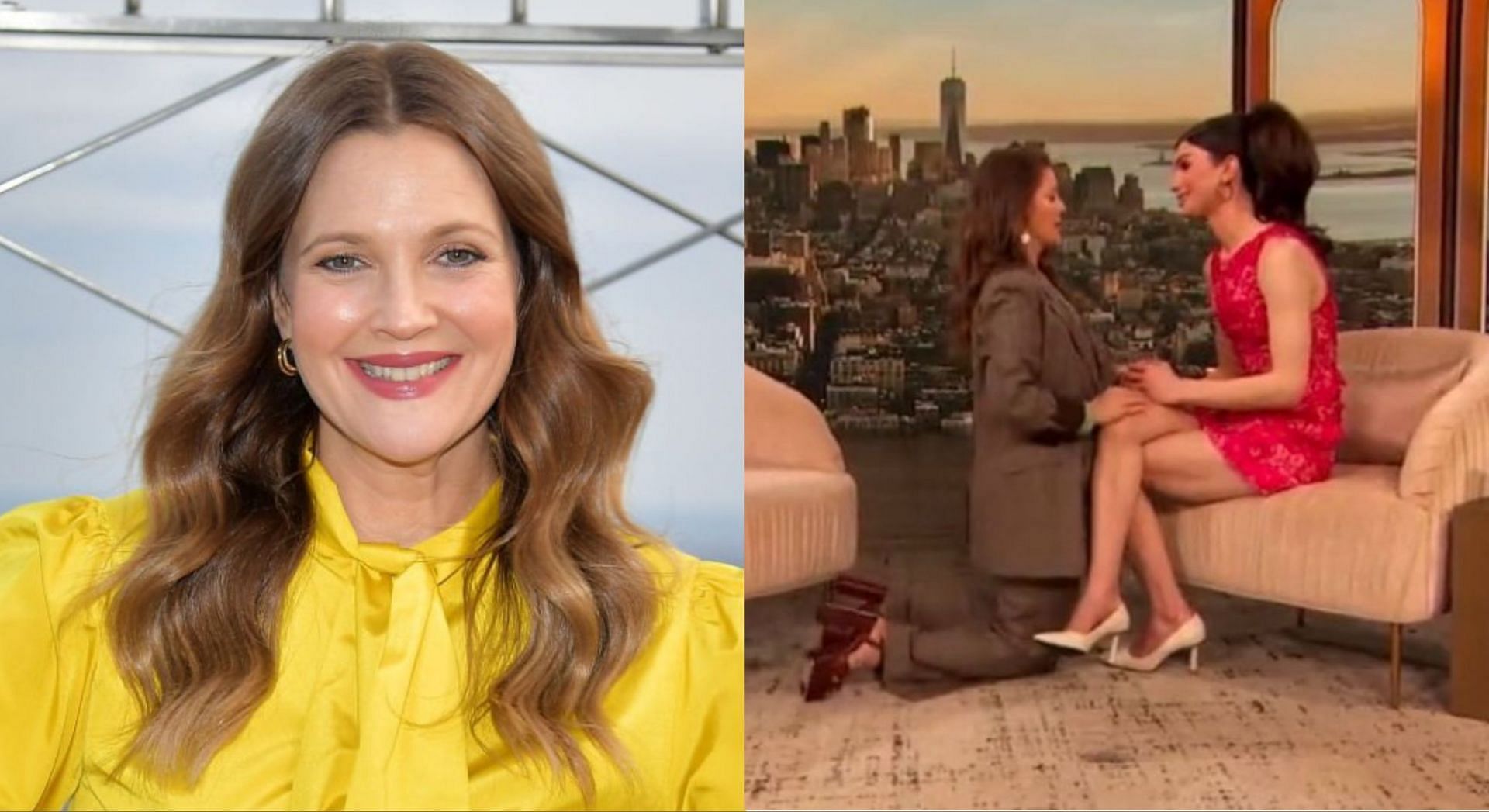 A photo of Drew Barrymore kneeling before Dylan Mulvaney left netizens divided (Image via Getty Images and YouTube/The Drew Barrymore Show)