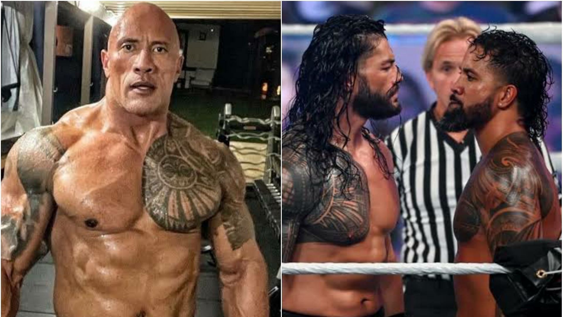 The Rock (left); Roman Reigns &amp; Jey Uso (right)
