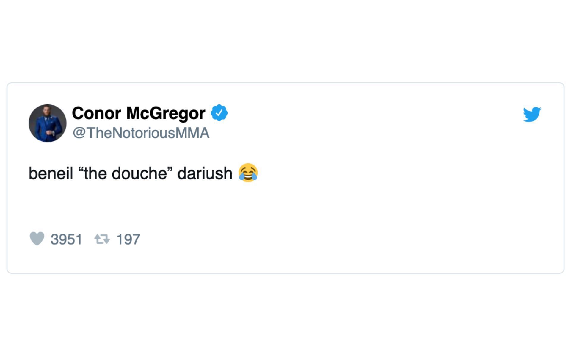 McGregor&#039;s response to Beneil Dariush [Image courtesy: @TheNotoriousMMA (Twitter)]