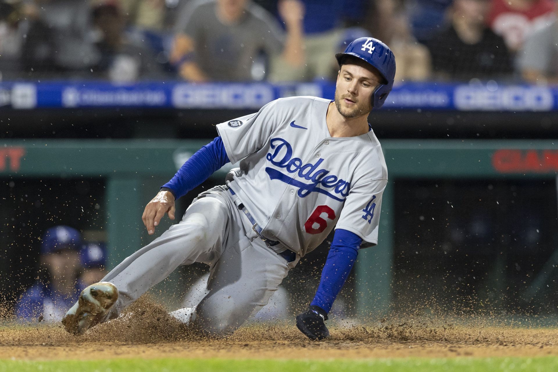 Trea Turner #6 of the Los Angeles Dodgers slides home safely in the top of the sixth inning against the Philadelphia Phillies at Citizens Bank Park on August 10, 2021, in Philadelphia, Pennsylvania. (Photo by Mitchell Leff/Getty Images)