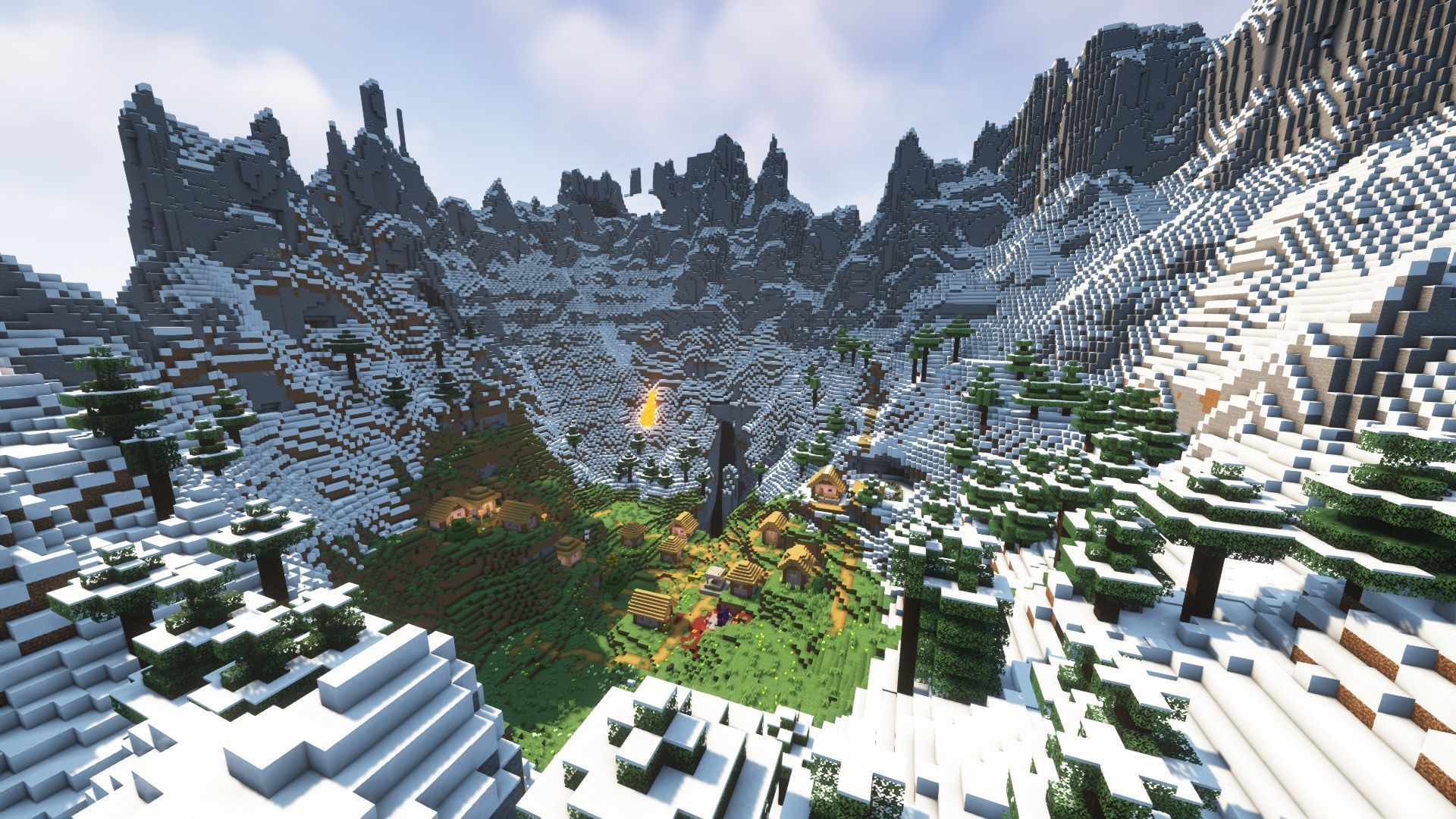 A ruined portal and a plains biome village (Image via Mojang)