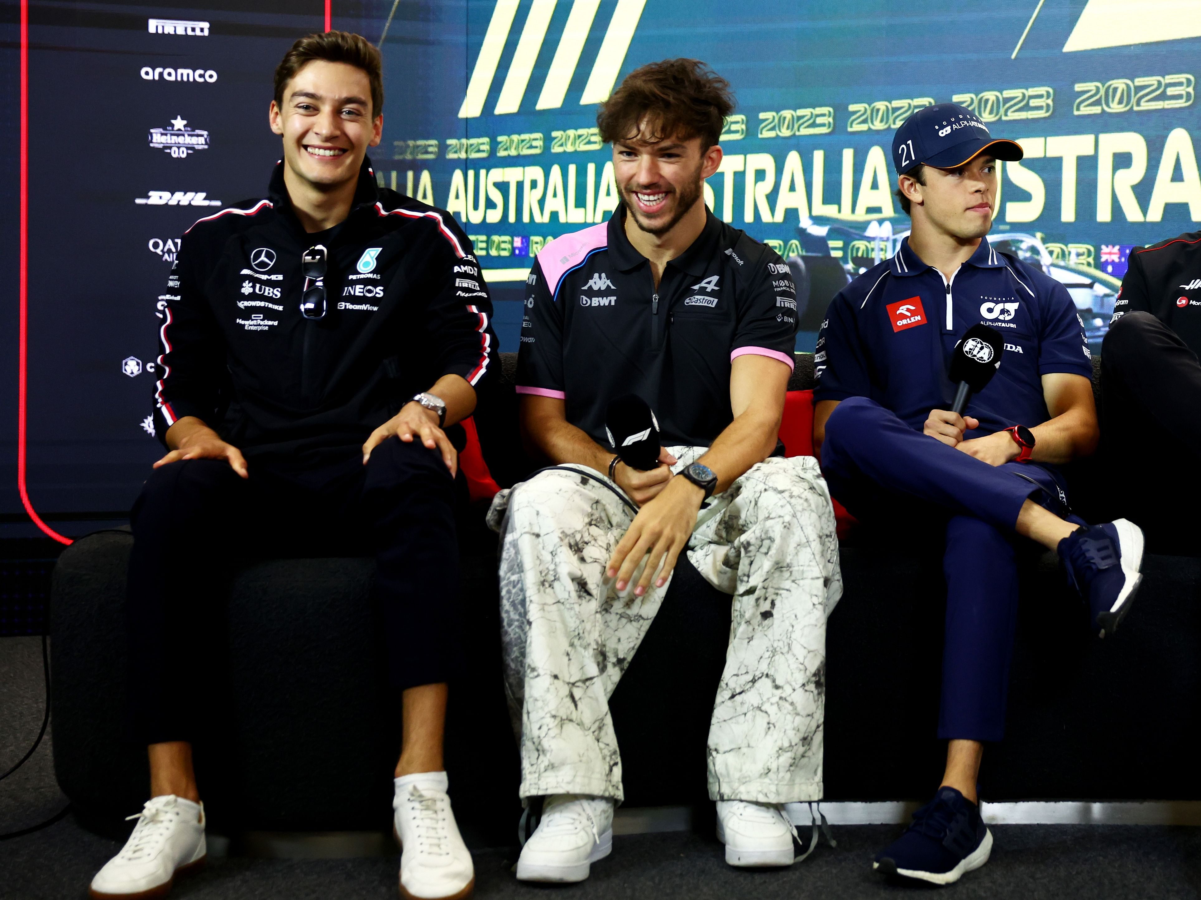 George Russell, Pierre Gasly, and Nyck de Vries attend the Drivers Press Conference during previews ahead of the 2023 F1 Australian Grand Prix. (Photo by Dan Istitene/Getty Images)