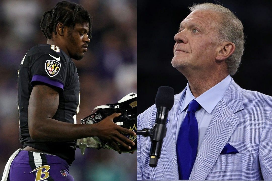 Lamar Jackson, left, Jim Irsay, right