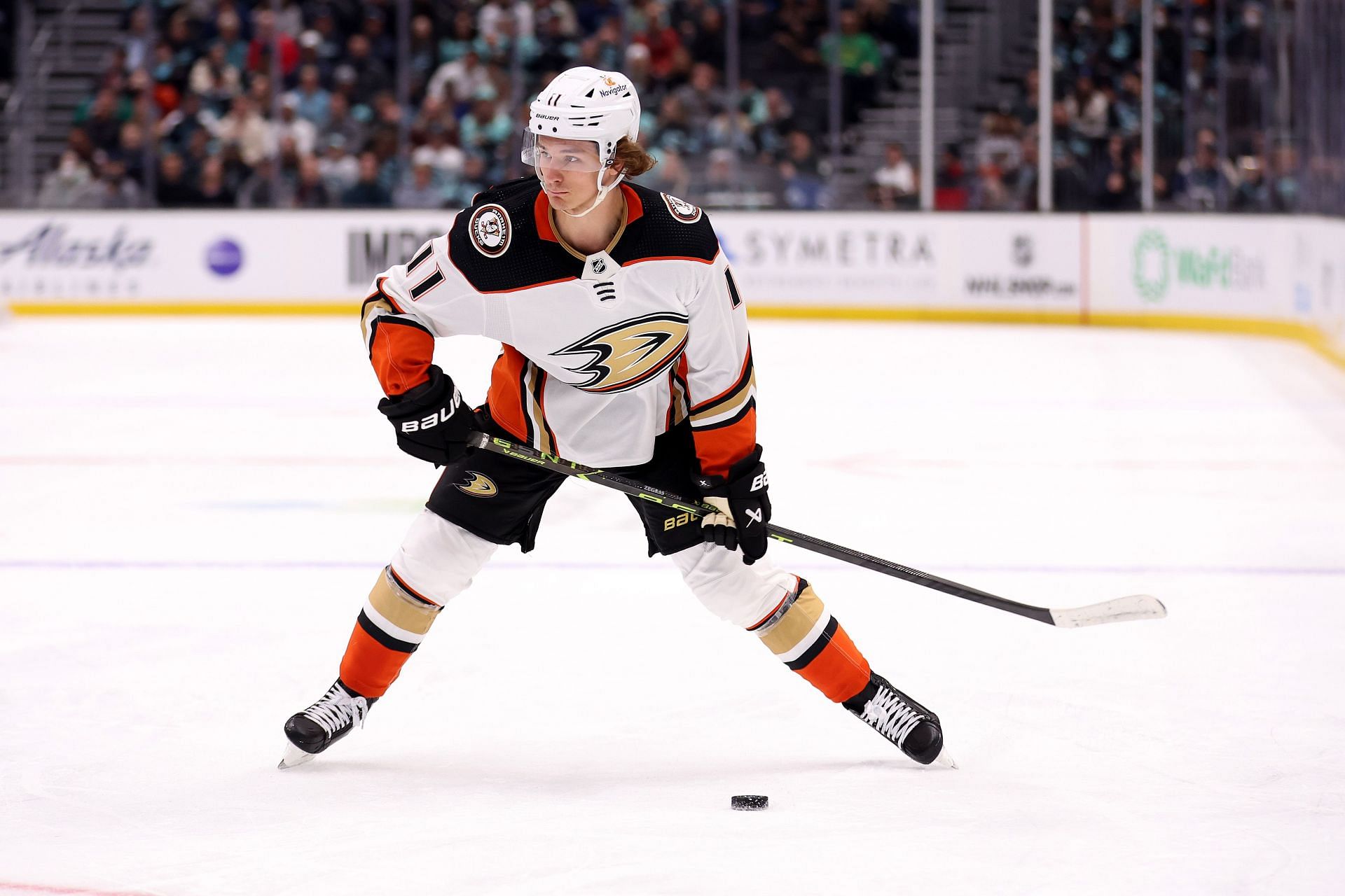 Trevor Zegras #11 of the Anaheim Ducks shoots against the Seattle Kraken during the first period at Climate Pledge Arena on March 07, 2023 in Seattle, Washington. (Photo by Steph Chambers/Getty Images)