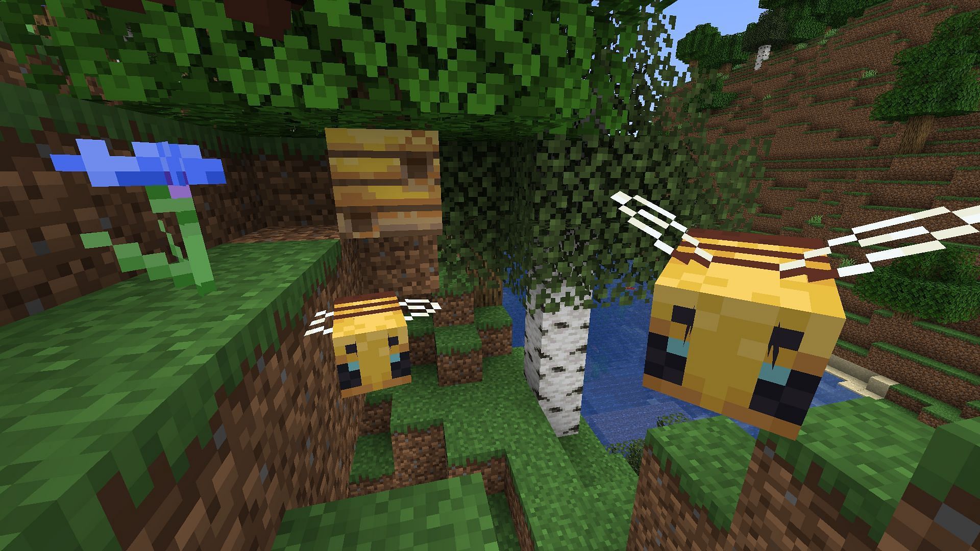 Manually extract honey or honeycomb from bee nests in Minecraft using glass bottles or shears (Image via Mojang)
