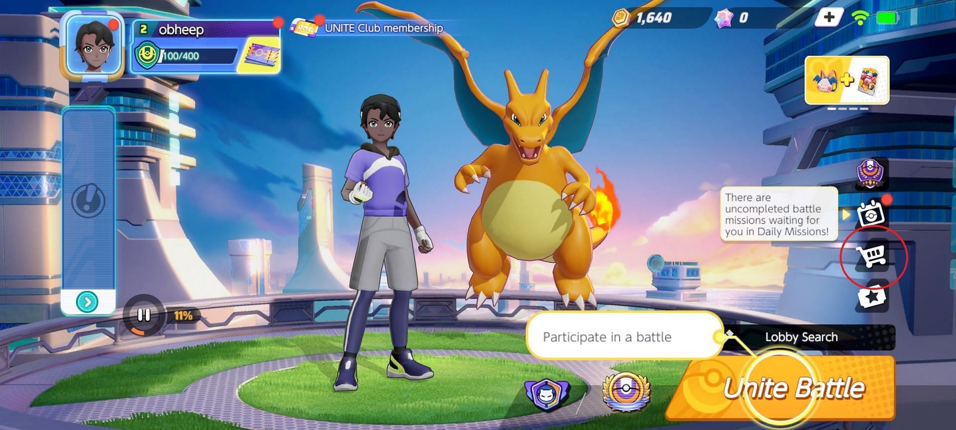 Homepage of the game contains the Shop icon (Image via the Pokemon Company)