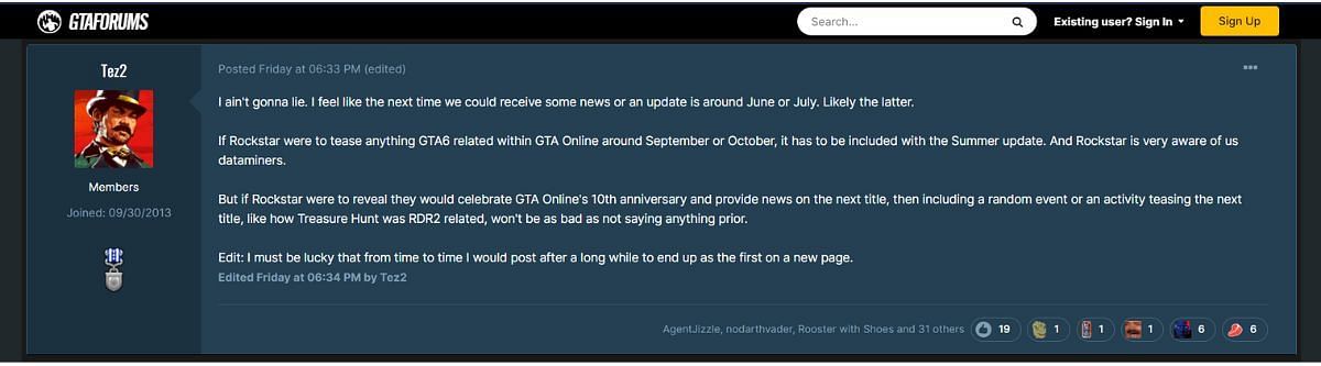 Tez2&rsquo;s post revealing Grand Theft Auto 6&rsquo;s tease date (Image via GTAForums)