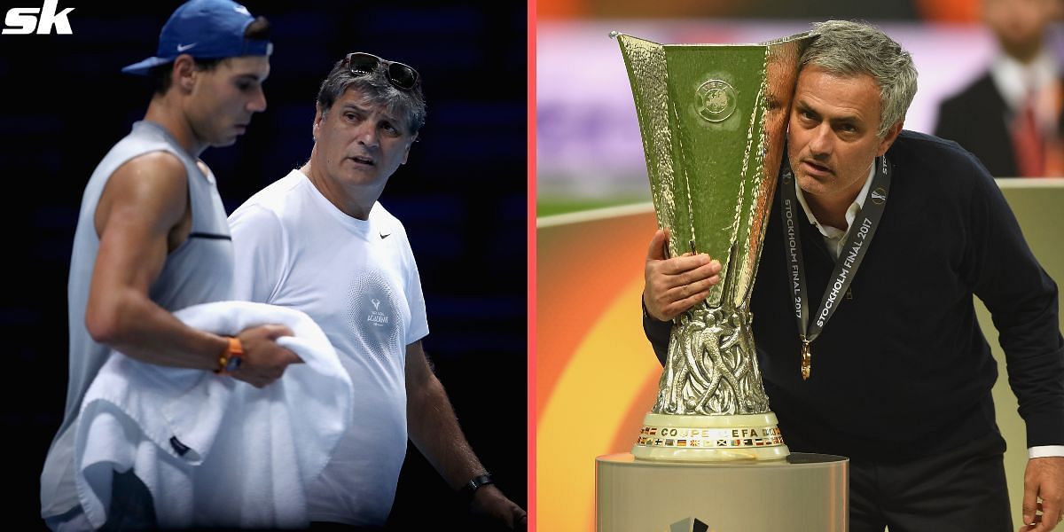 Rafael Nadal with his uncle Toni (L), Jose Mourinho (R)