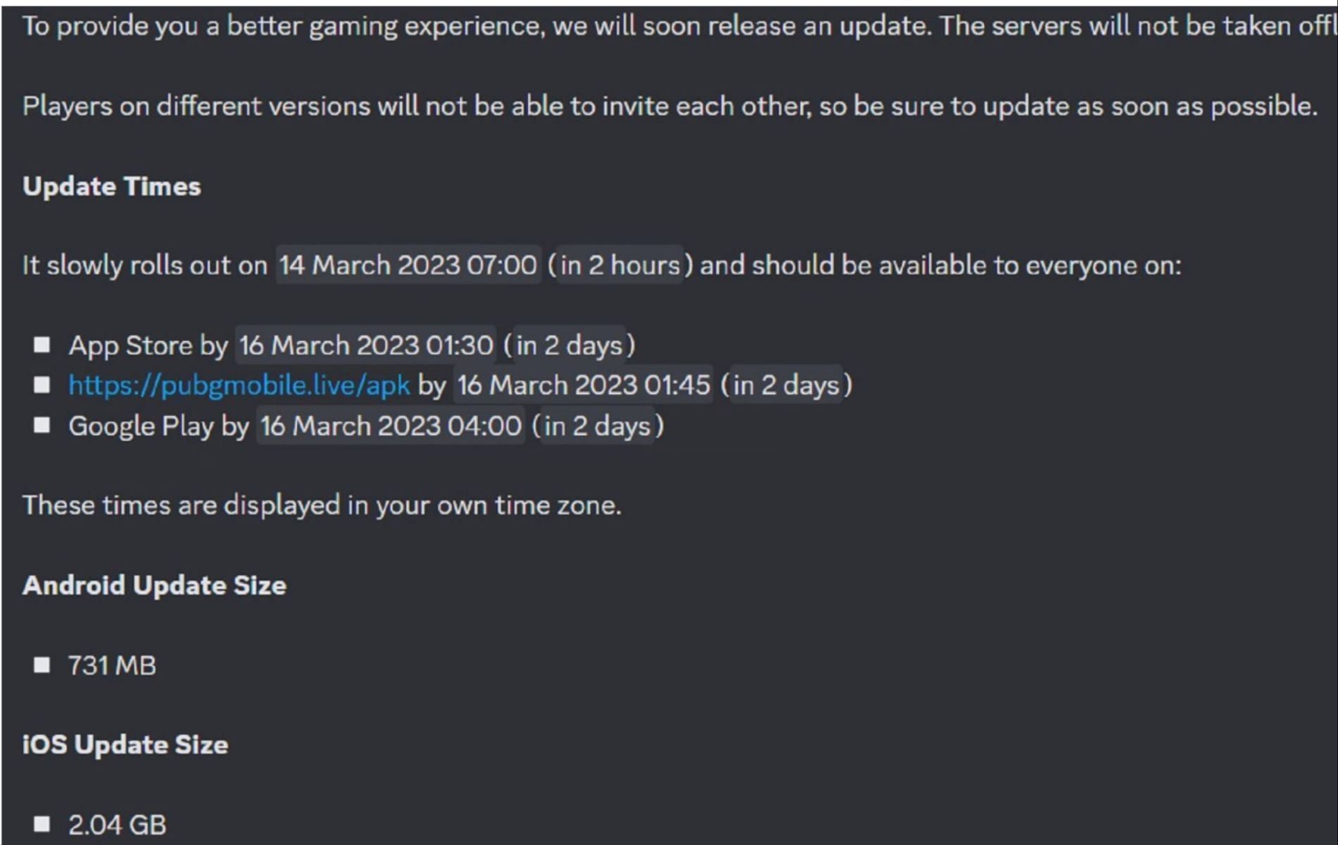 The schedule for PUBG Mobile 2.5 update (Image via Discord)
