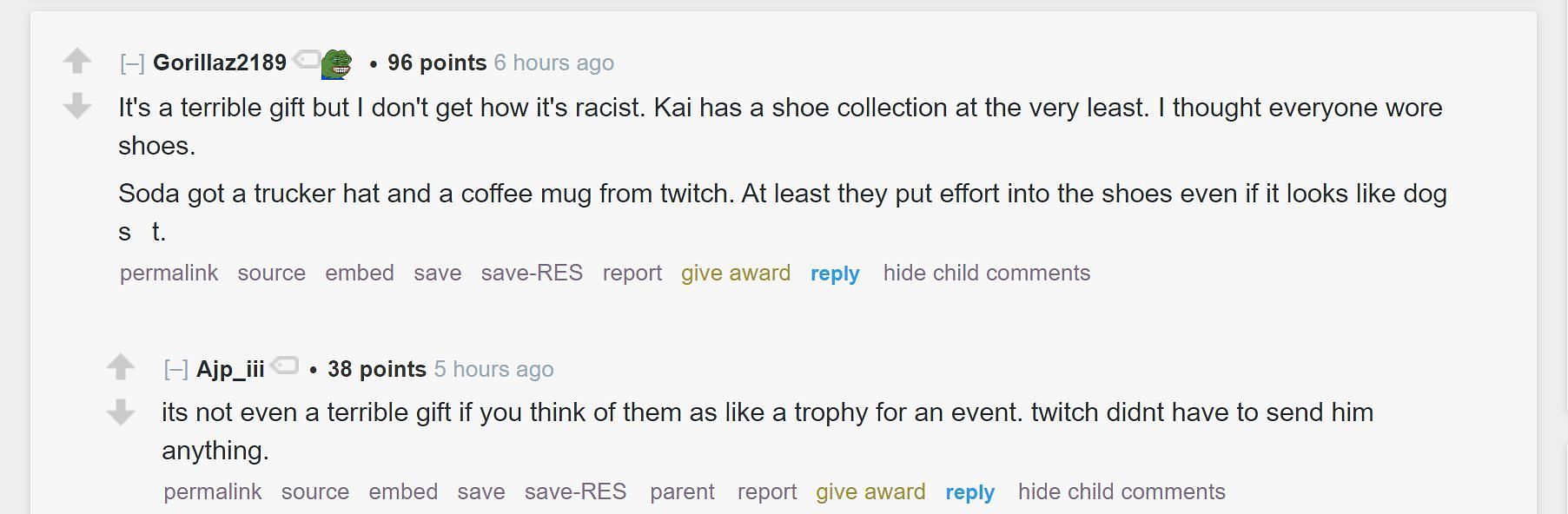 Redditors discussing the streamer getting a custom Nike sneaker from Twitch 1/2 (Image via r/LivestreamFail)