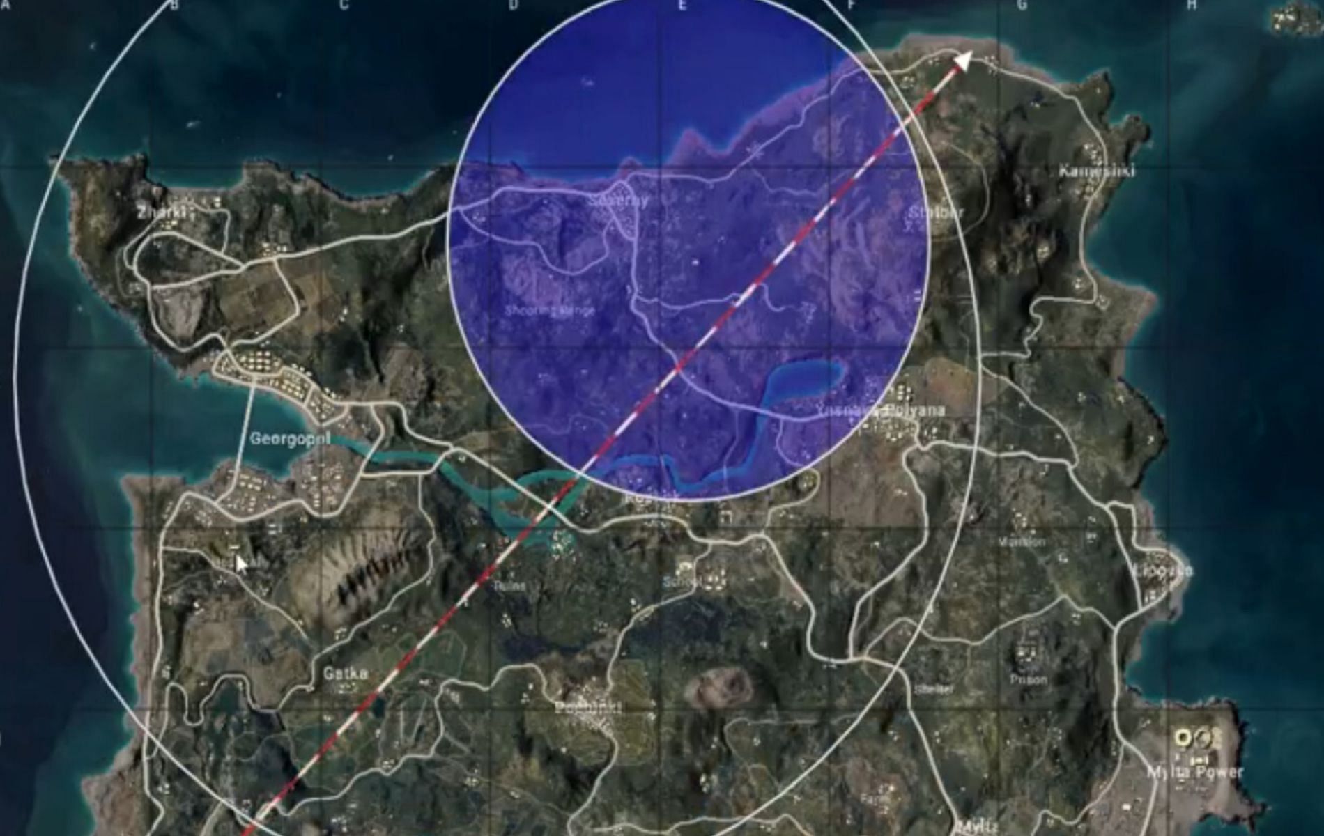 The blue circle is where you need to end up (Image via PUBG Corporation)