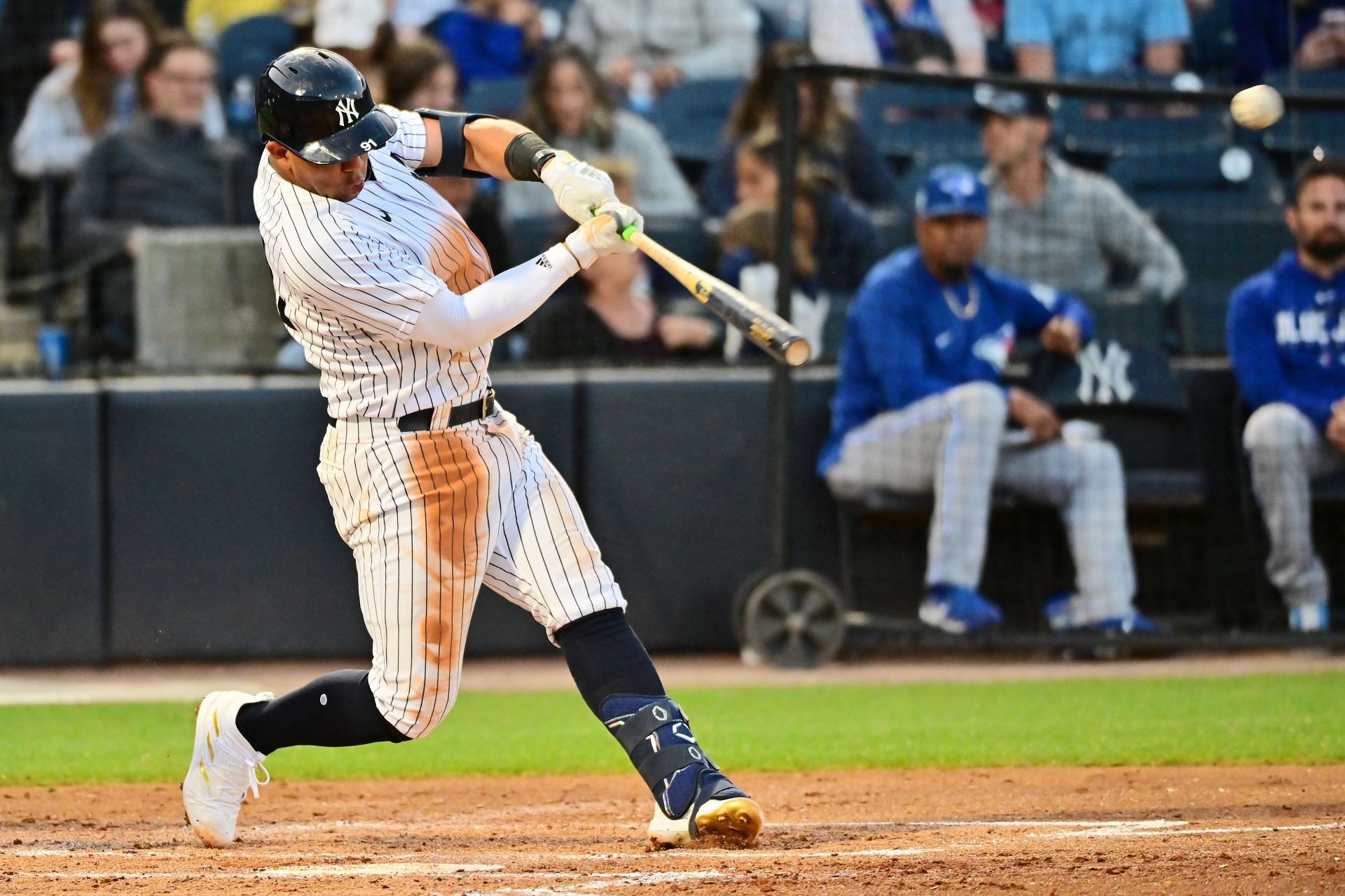 Oswald Peraza #91 of the New York Yankees hits a home run in the third inning against the Toronto Blue Jays during a Grapefruit League Spring Training Game at George M. Steinbrenner Field on March 14, 2023 in Tampa, Florida.