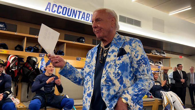 I have no words. Ric Flair in a Blues jersey commenting on last