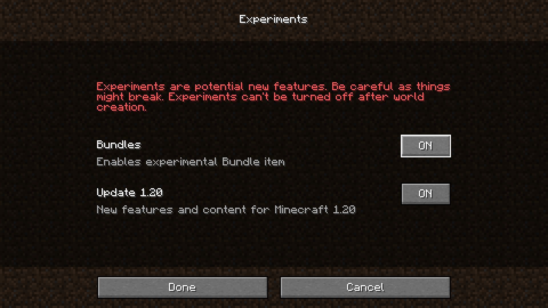 Experimental features (Image via Mojang)