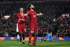 Mohamed Salah reacts to becoming Liverpool's leading goalscorer in Premier League history after 7-0 Manchester United rout