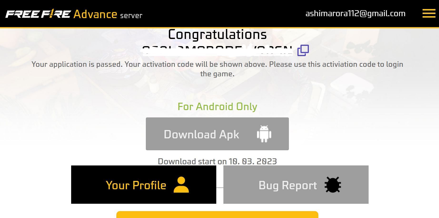 You now have access to the Activation Code and the APK download link (Image via Garena)