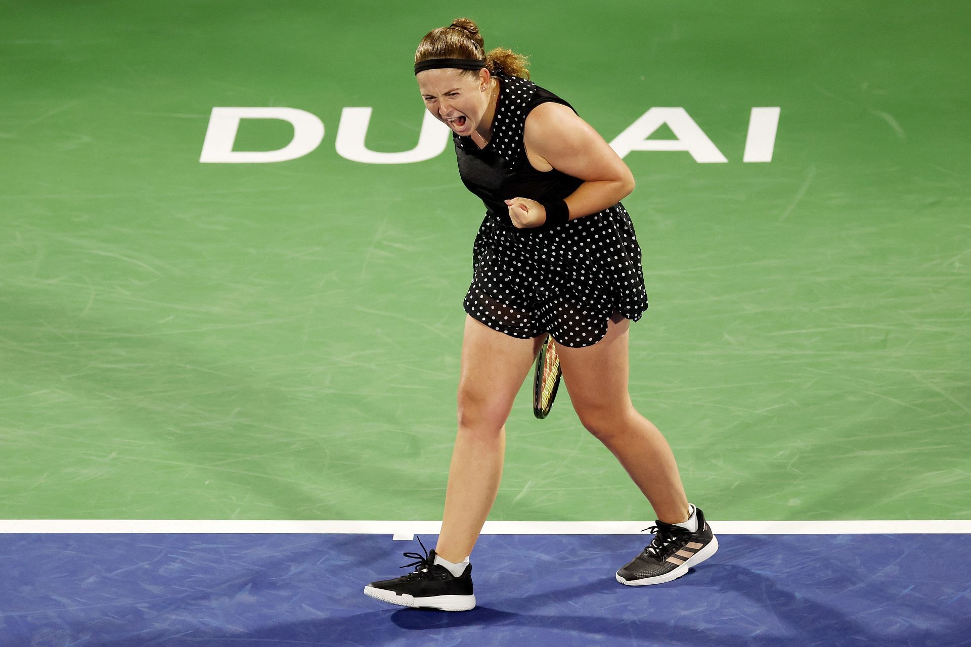 Jelena Ostapenko at the 2023 Dubai Tennis Championships.
