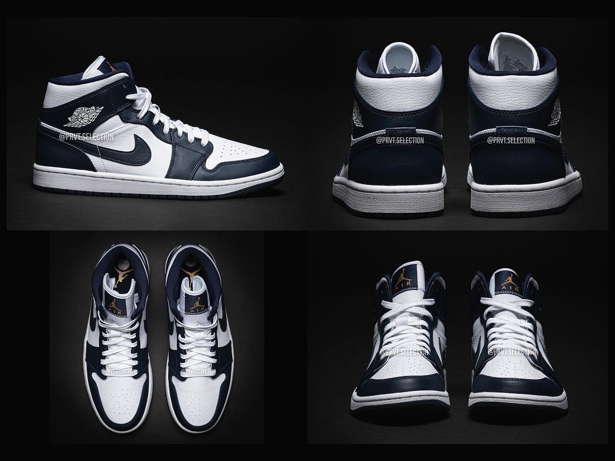 Upcoming Nike Air Jordan 1 Mid &quot;White Metallic Gold Obsidian&quot; sneakers (Image via Sportskeeda)