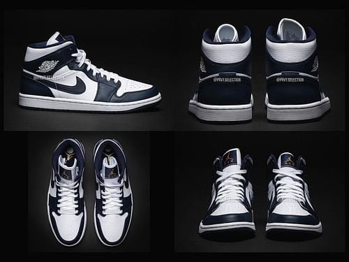 Upcoming Nike Air Jordan 1 Mid "White Metallic Gold Obsidian" sneakers (Image via Sportskeeda)