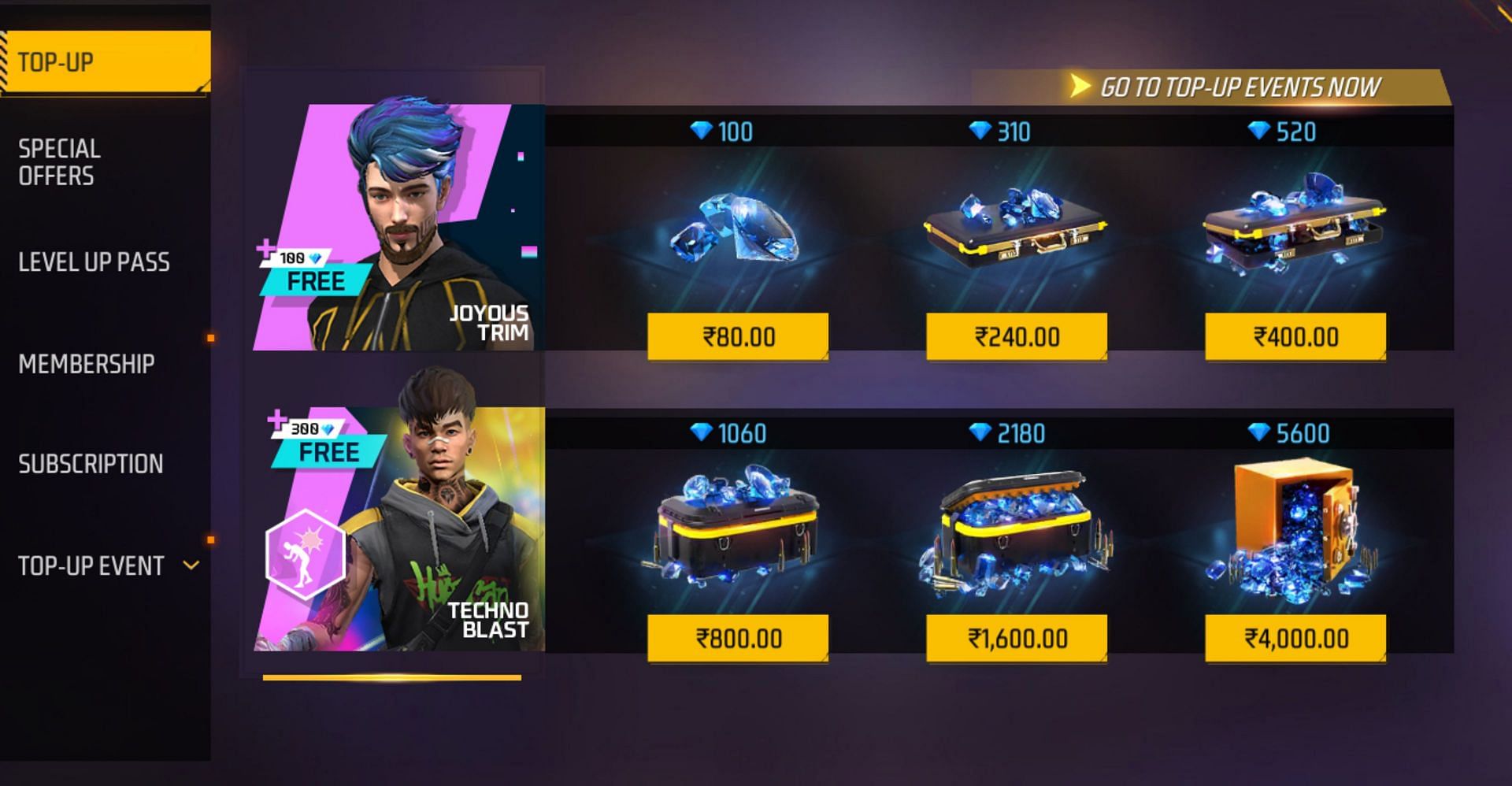 In order to get the two rewards, purchase a pack of 310 diamonds or above (Image via Garena)