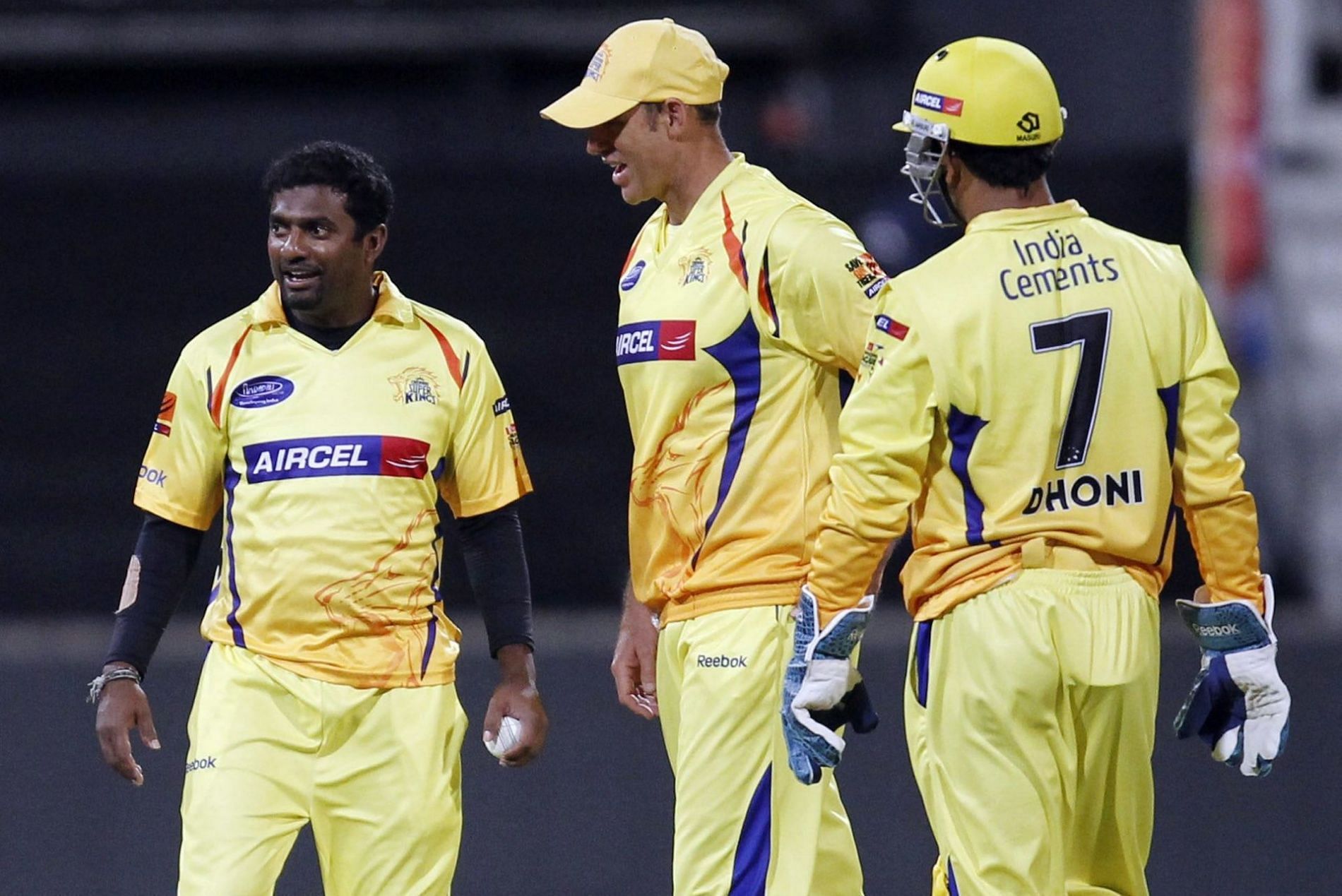 (LtoR) Muttiah Muralitharan, Matthew Hayden and MS Dhoni in CSK colors. Pic: Getty Images