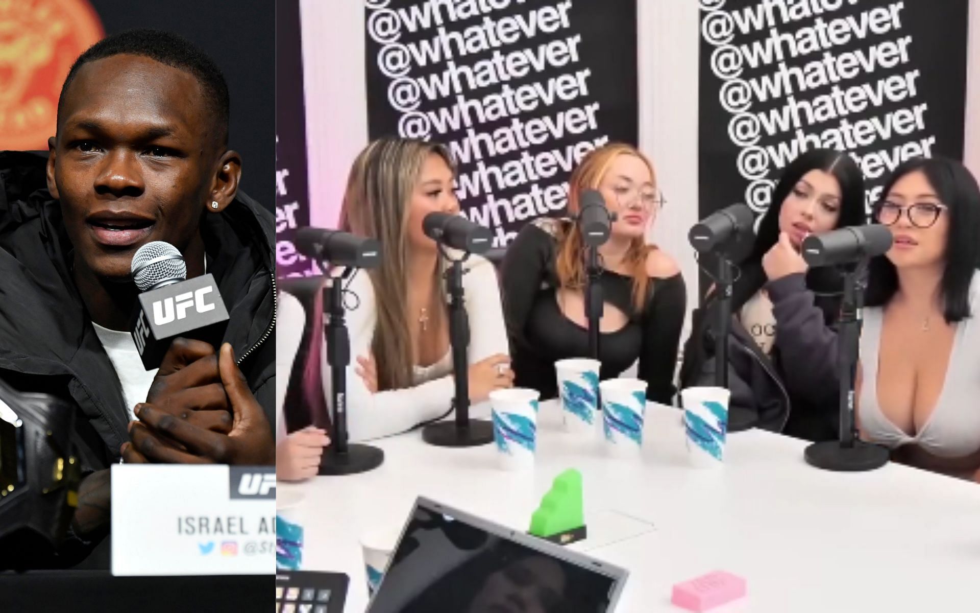 Israel Adesanya (left) and A group of women (right) (Image credits Getty Images and @whatever on Twitter)